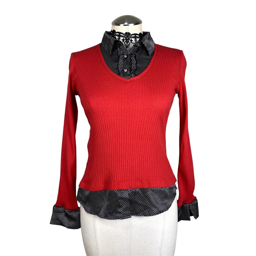 Y2K Style Red Ruffle Red Polka Dot Layered Collared Sweater Twee Academia Sz XS